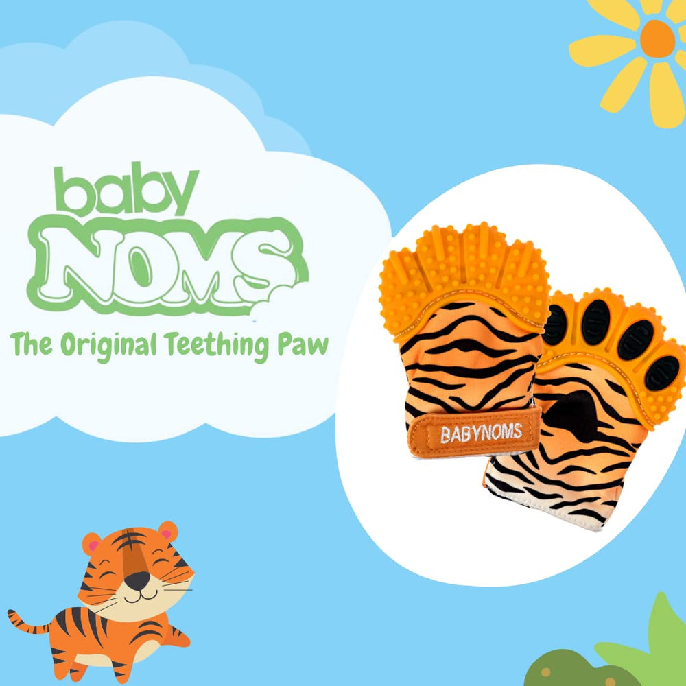 BabyNoms teething mitten redirects chewing to safe silicone on baby hand