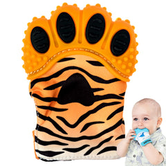 BabyNoms teething mitten on baby's hand with orange tiger paw for soothing relief