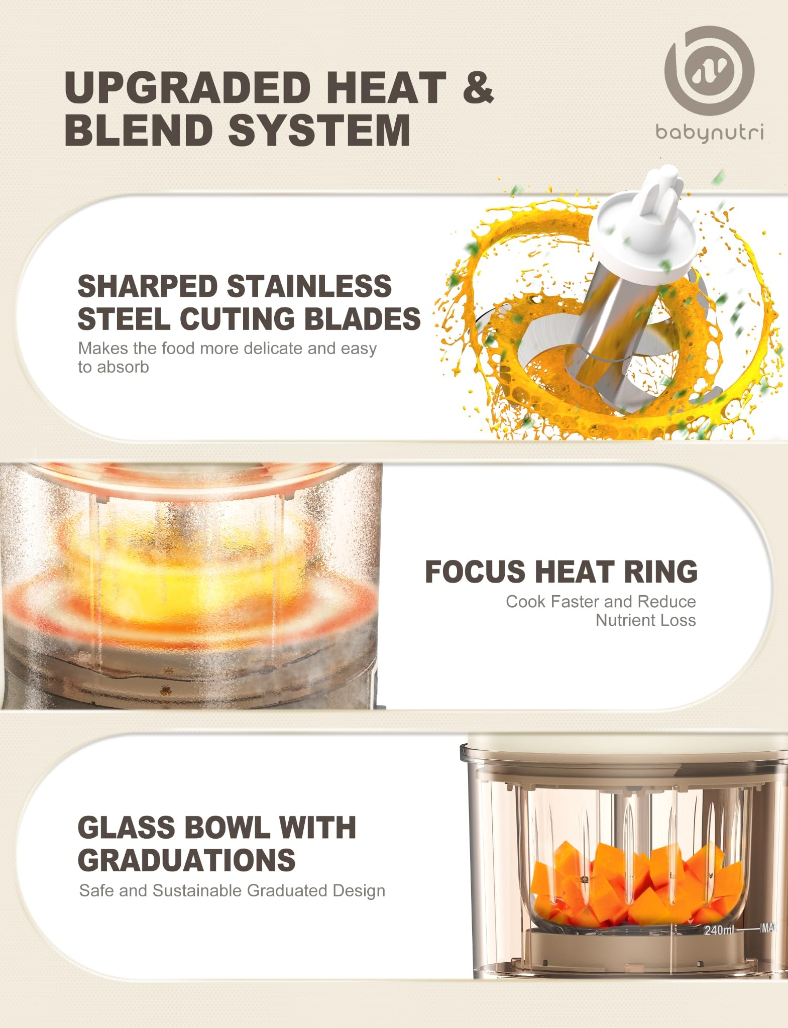 BABYNUTRI Dishwasher-safe parts simplify post-meal cleanup.