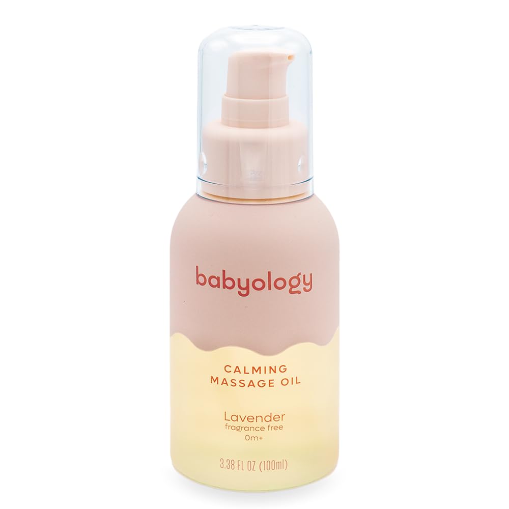 Babyology lavender oil bottle highlighting calming scent for newborn skin care.