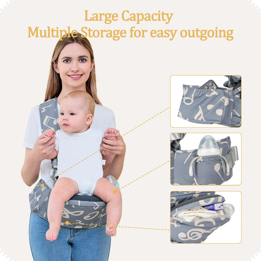 BabyPark hip seat buckle adjustment close-up for secure fit as baby grows.