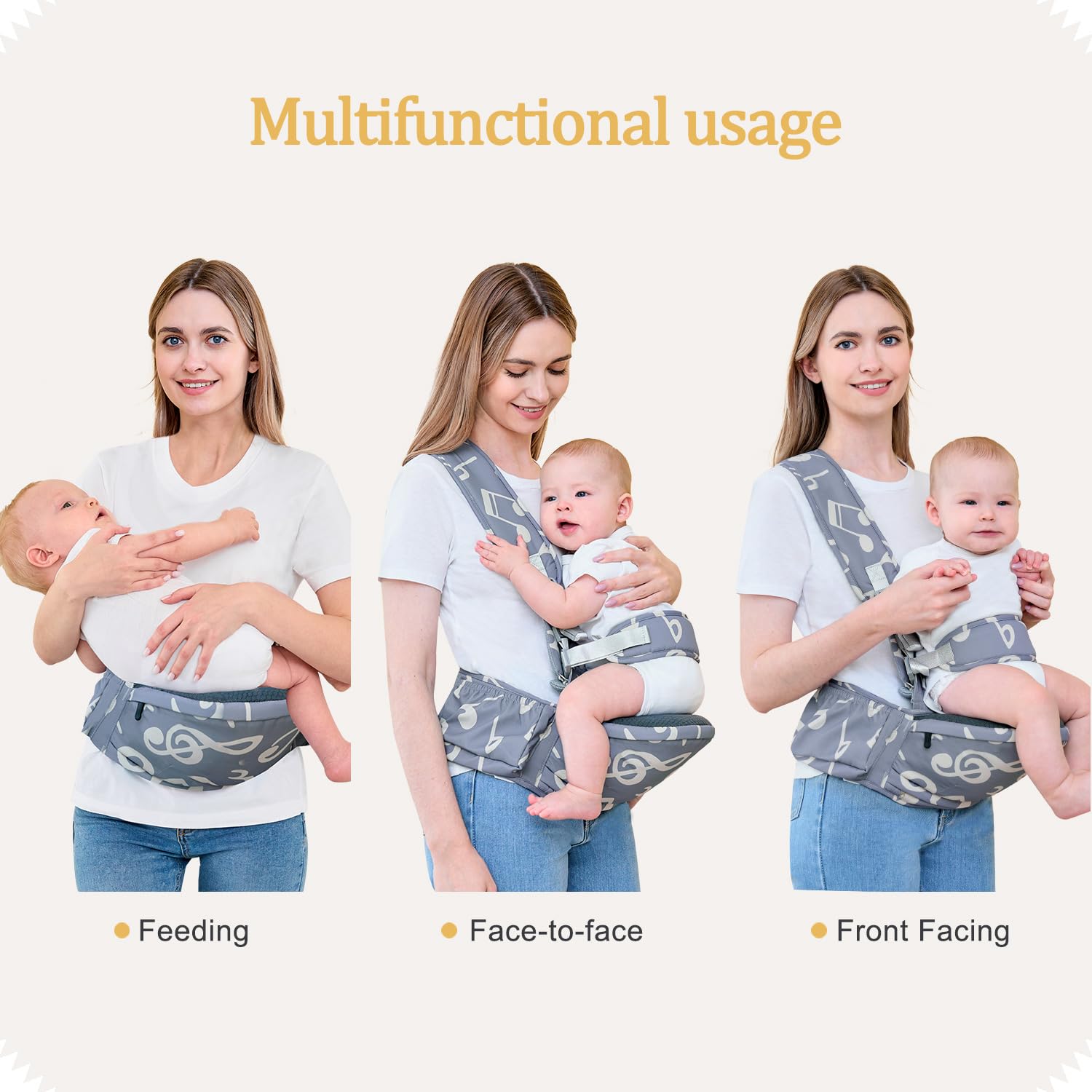 BabyPark hip seat front-facing view shows baby seated with bonding opportunities.