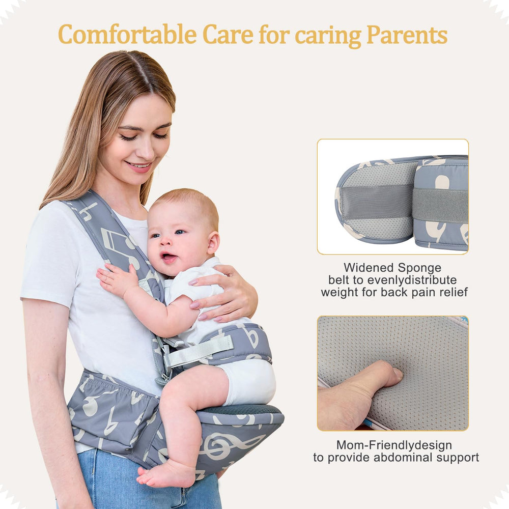 BabyPark hip seat pocket storage demonstrates convenient space for diapers and phone.