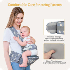 BabyPark hip seat pocket storage demonstrates convenient space for diapers and phone.