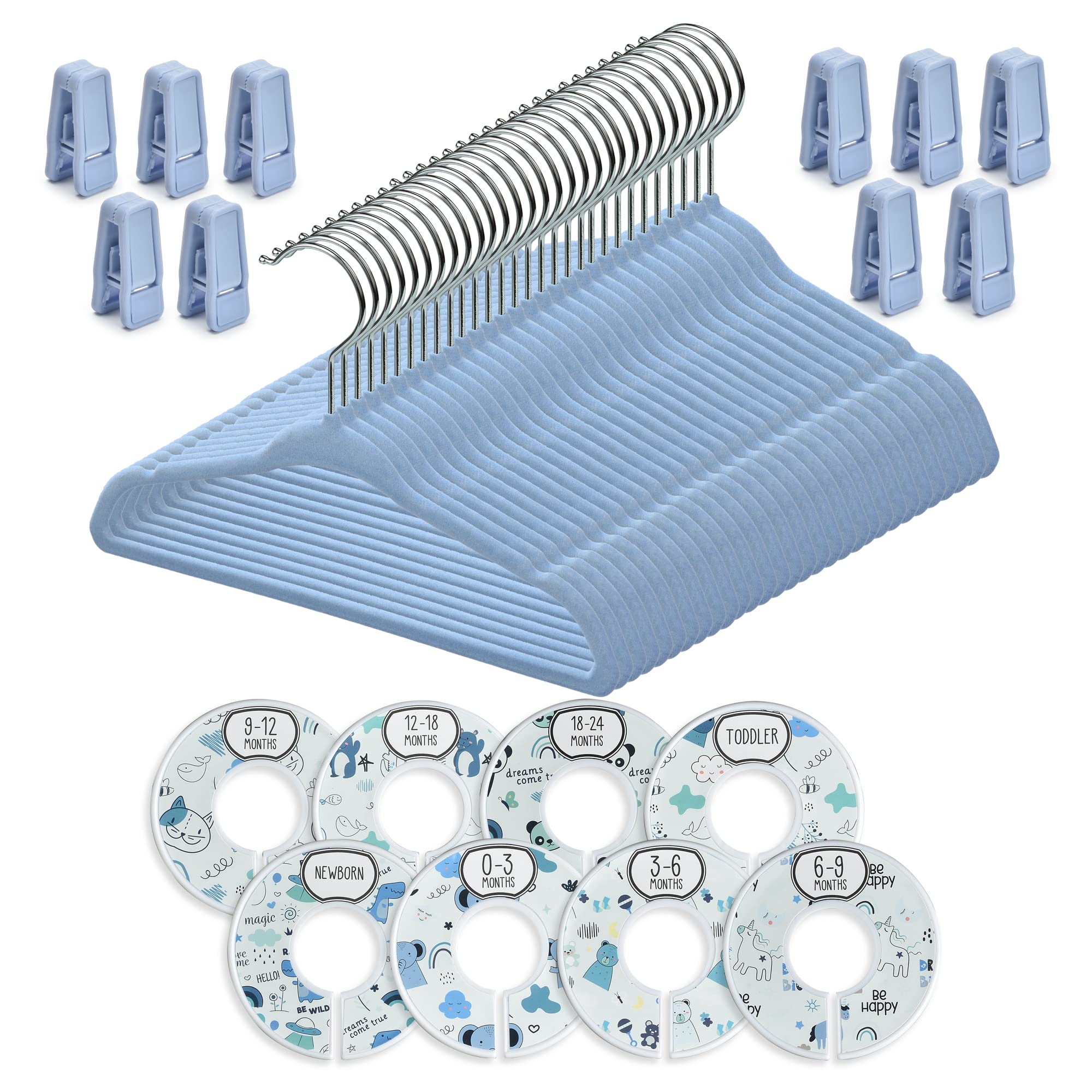 Ultra-slim Babyrish blue hangers save closet space and maximize capacity.