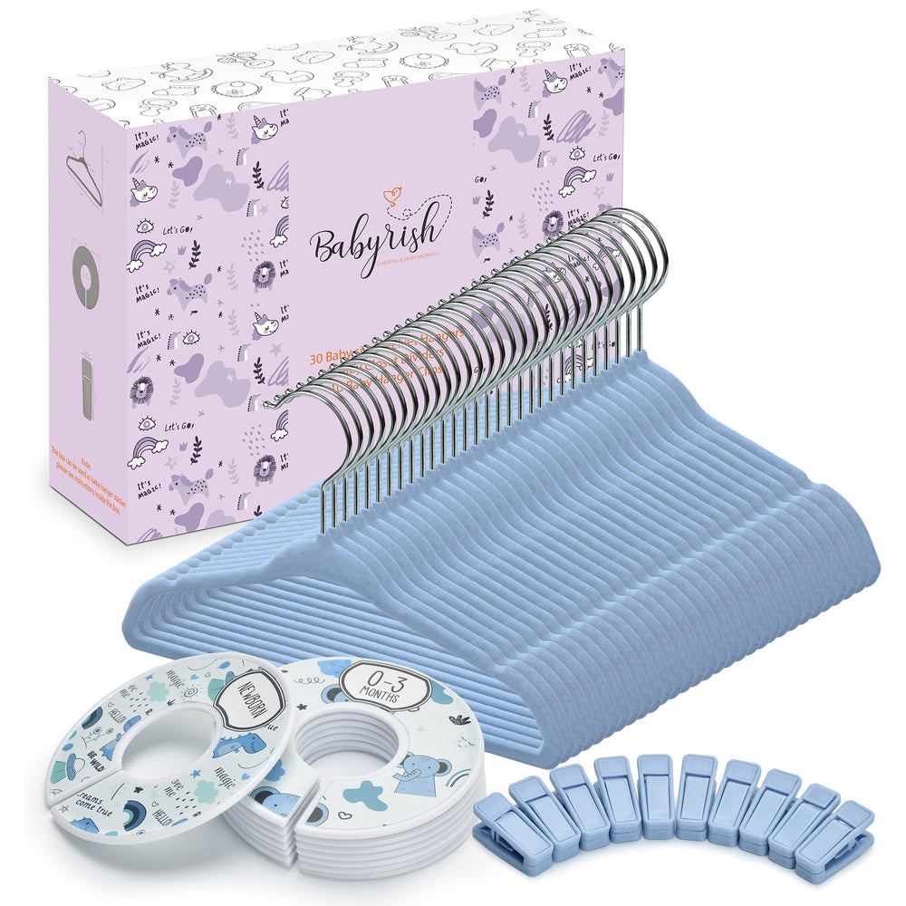 Babyrish velvet baby hangers 11in blue keep delicate fabrics organized and secure.
