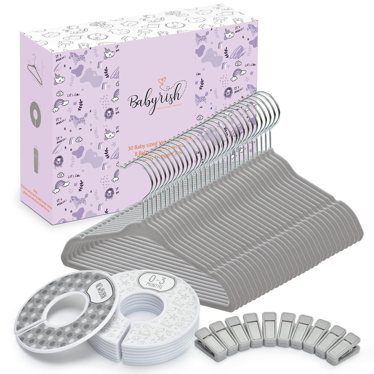 Babyrish velvet baby hangers with 30-pack in nursery layout for organized outfits