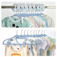 Babyrish velvet hangers blue with 10 clips help keep tiny outfits in place.
