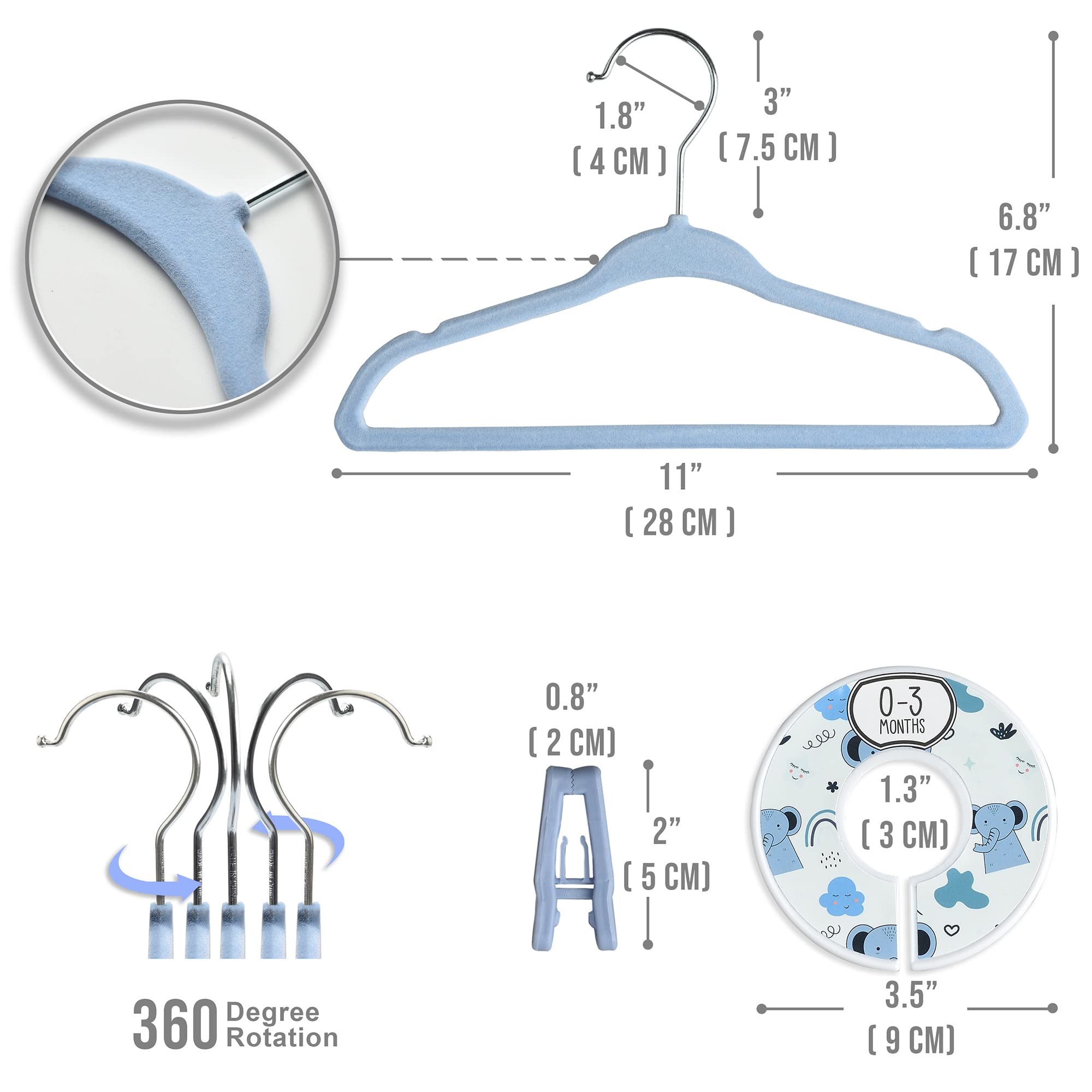 Babyrish velvet hangers include 8 dividers for easy closet sorting.