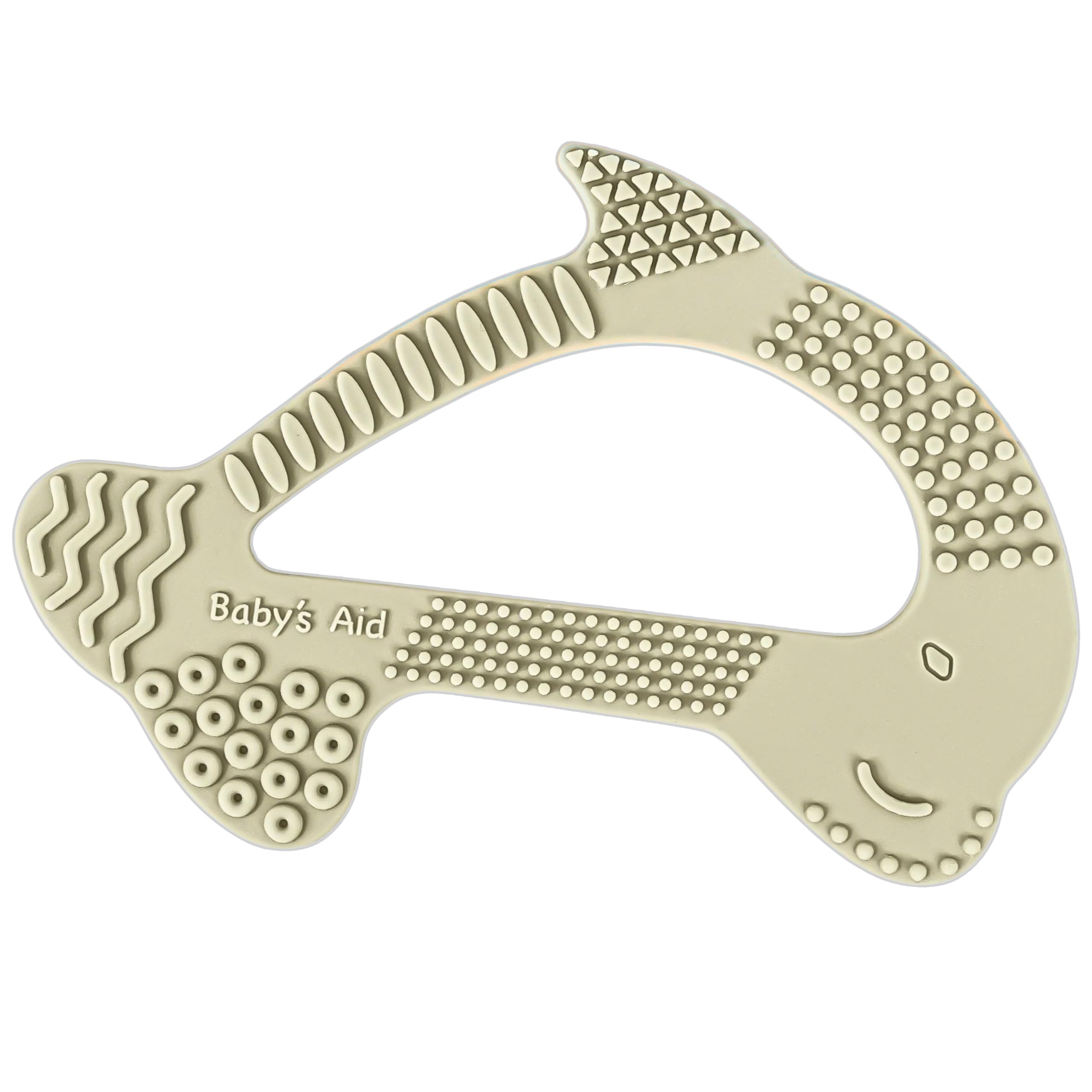 Baby's Aid dolphin teether close-up highlights 8 textures for soothing gums.