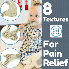Baby's Aid dolphin teether ergonomic hold demonstrates easy grip for tiny hands.