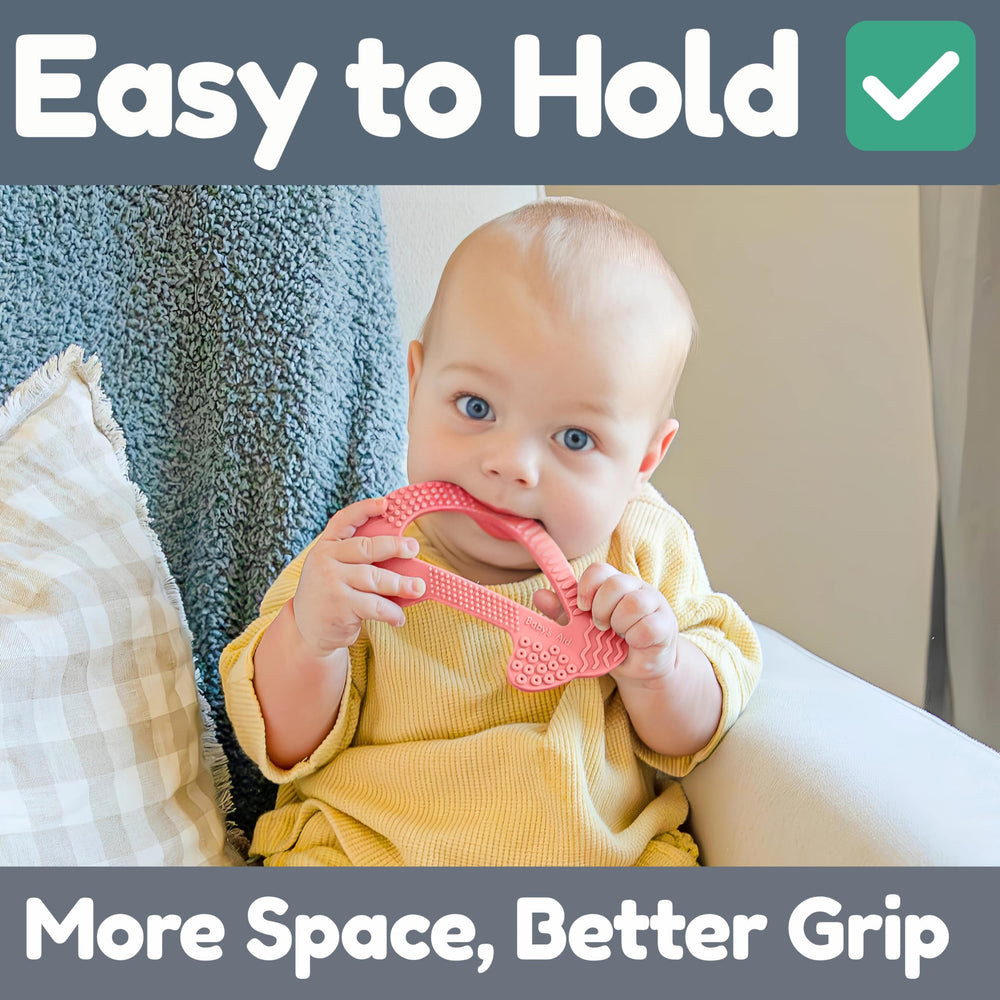 Baby's Aid dolphin-teether textures fins for soothing bite with smooth surface