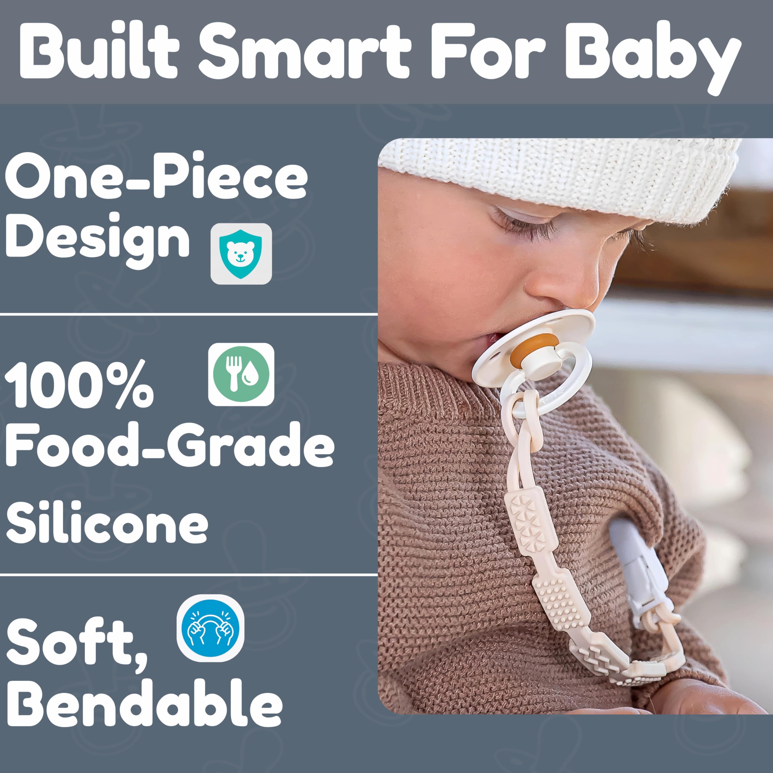 Baby's Aid pacifier clip in use shows secure attachment on baby