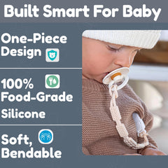 Baby's Aid pacifier clip in use shows secure attachment on baby