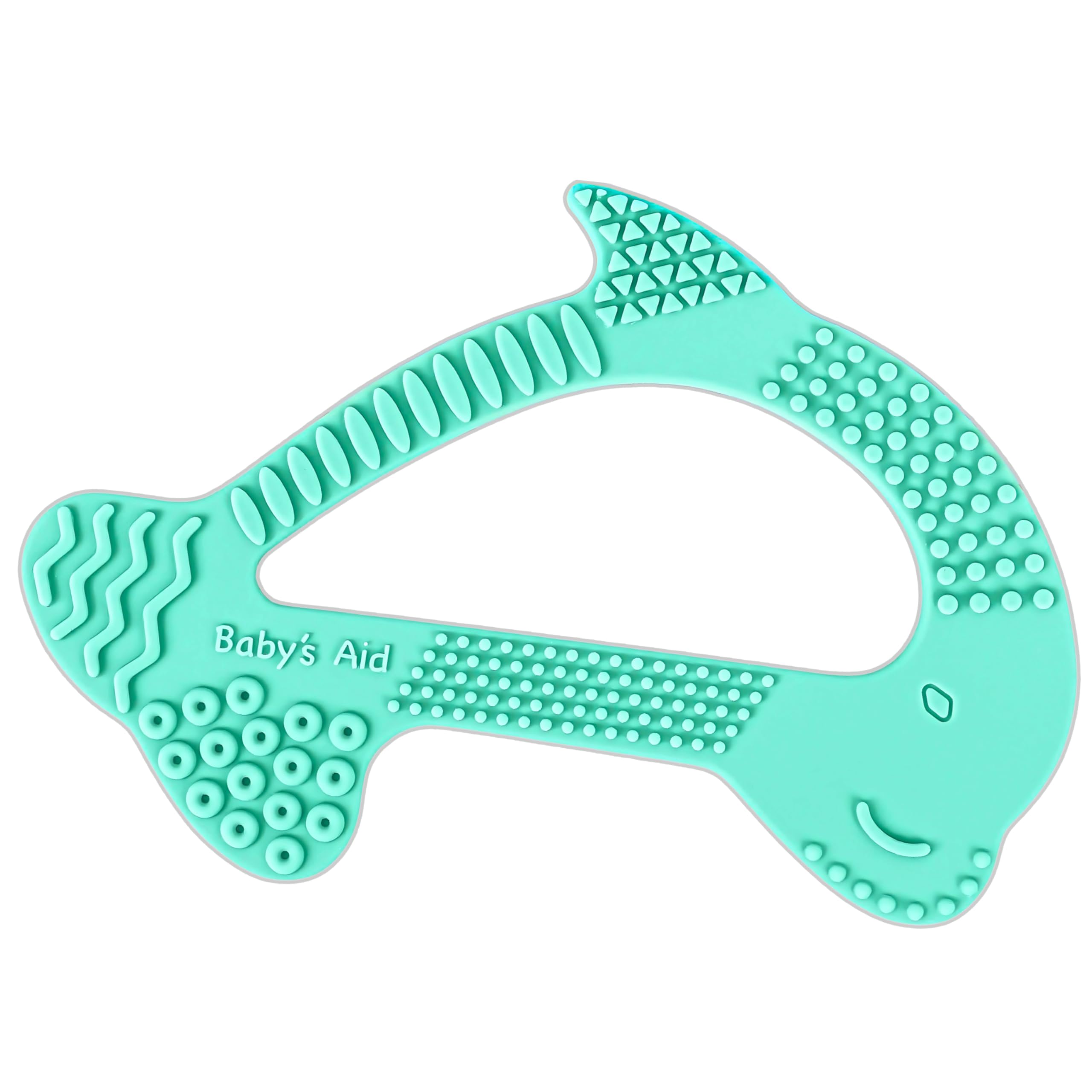 Baby's Aid silicone teether dolphin front view with eight textures for gum relief.