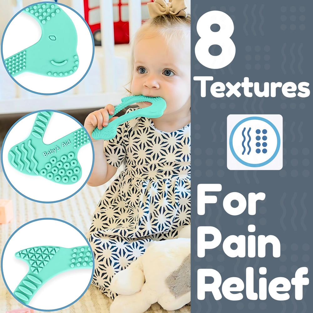 Baby's Aid dolphin teether in Aqua Mint is easy to clean and chew.