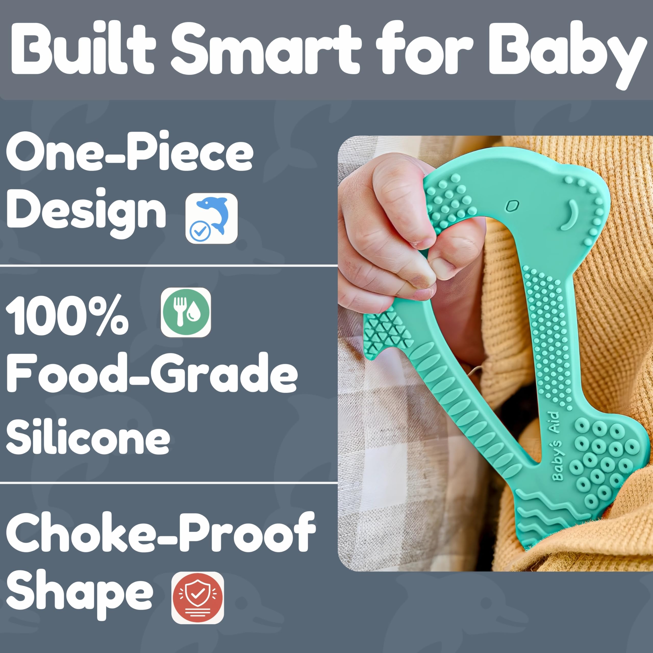 Baby's Aid dolphin teether in Blueberry helps with sensory exploration.