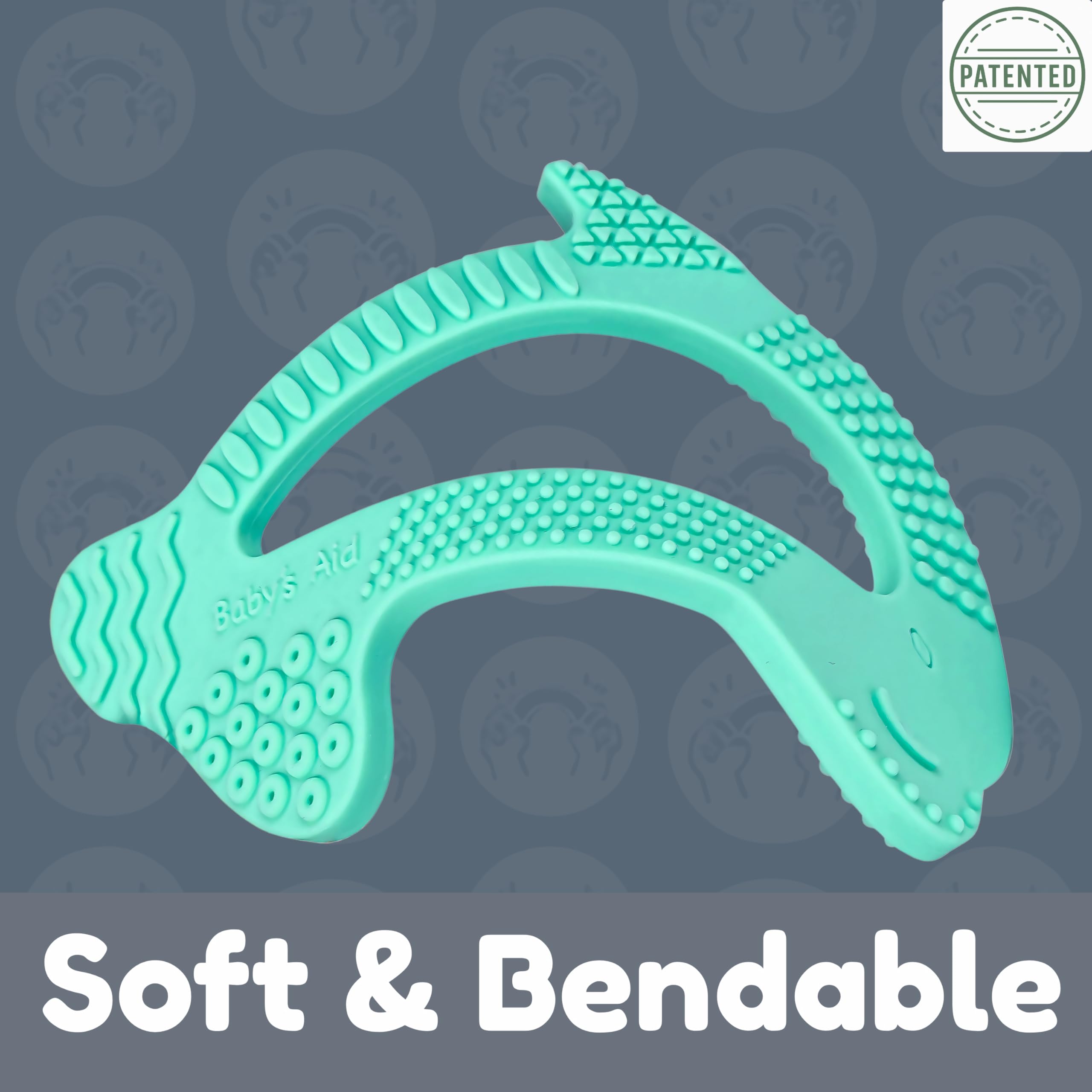 Baby's Aid dolphin teether is lightweight and easy for tiny hands to grasp.