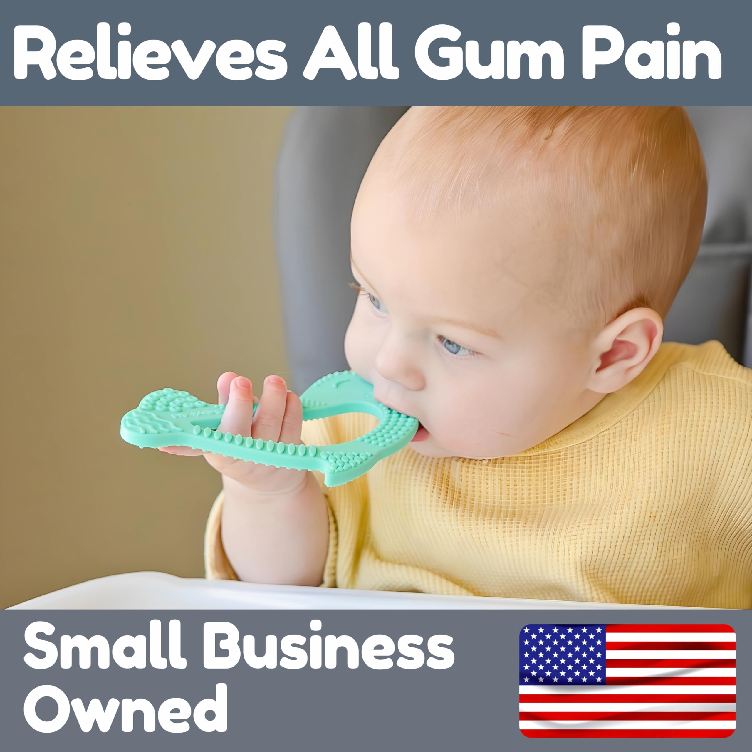 Baby's Aid BPA-free silicone teether in Olive color for safe chewing.