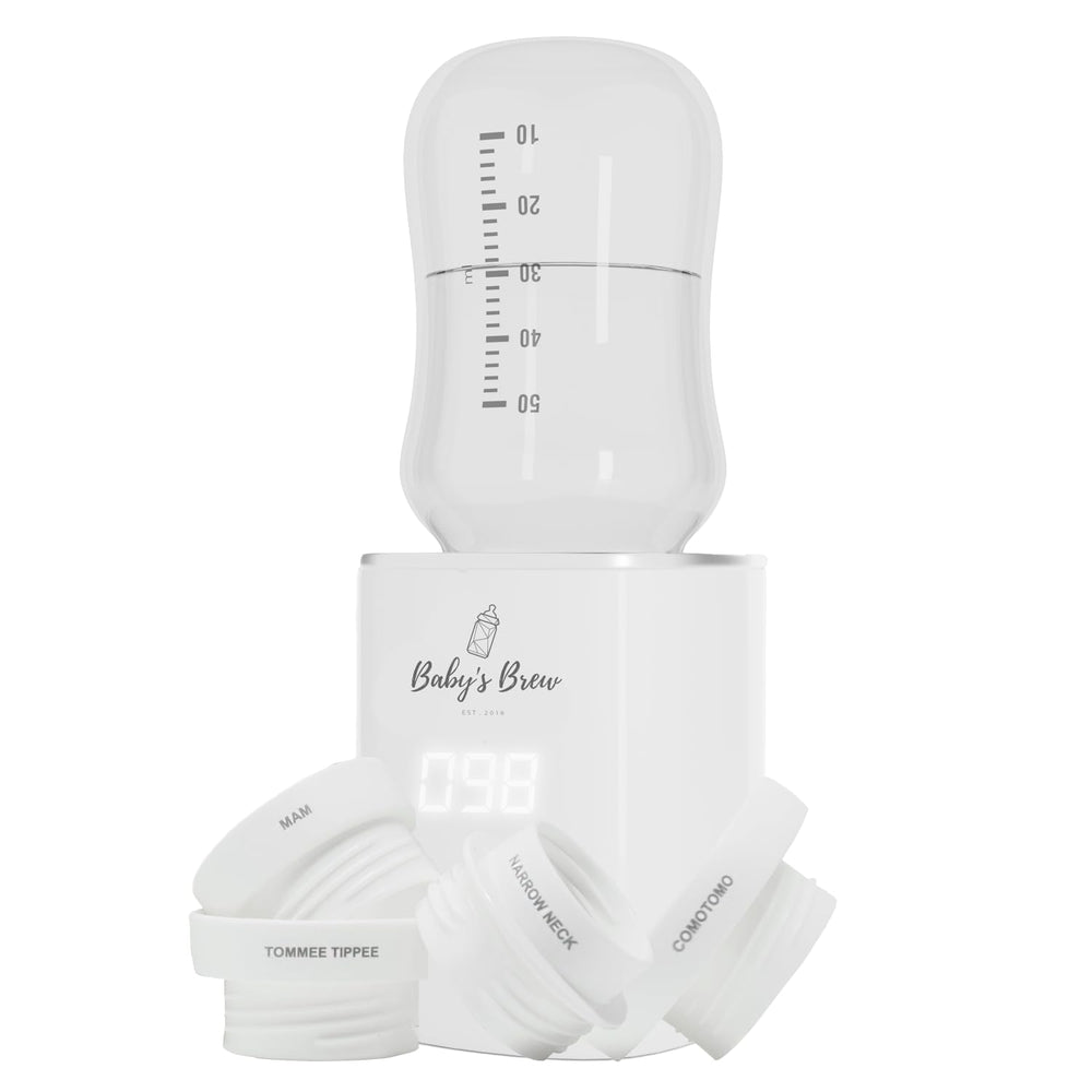 Baby's Brew 3.0 bottle warmer front view showcasing compact travel-friendly design for on-the-go feeds.