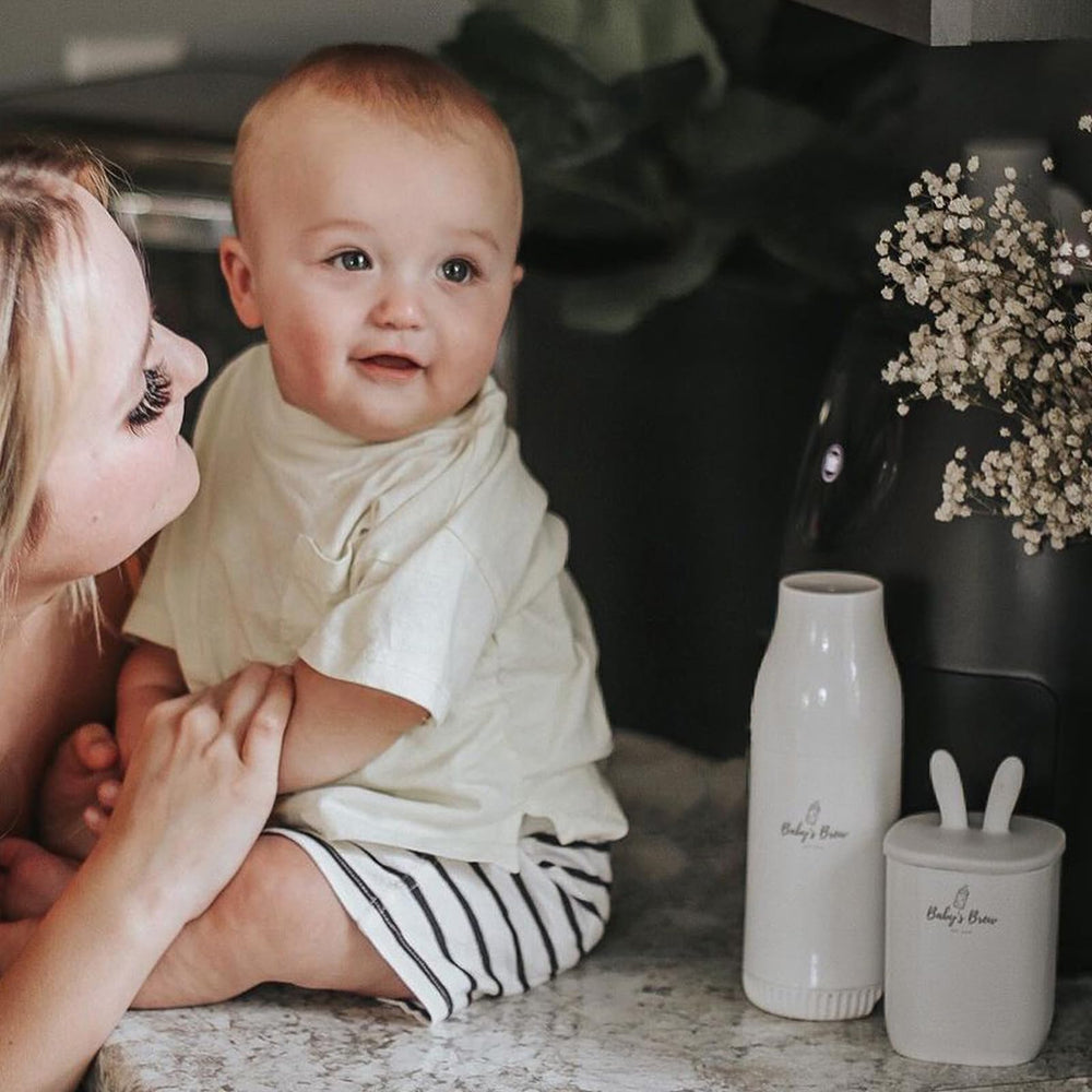 Baby’s Brew formula dispenser component shown streamlining feeding routine.