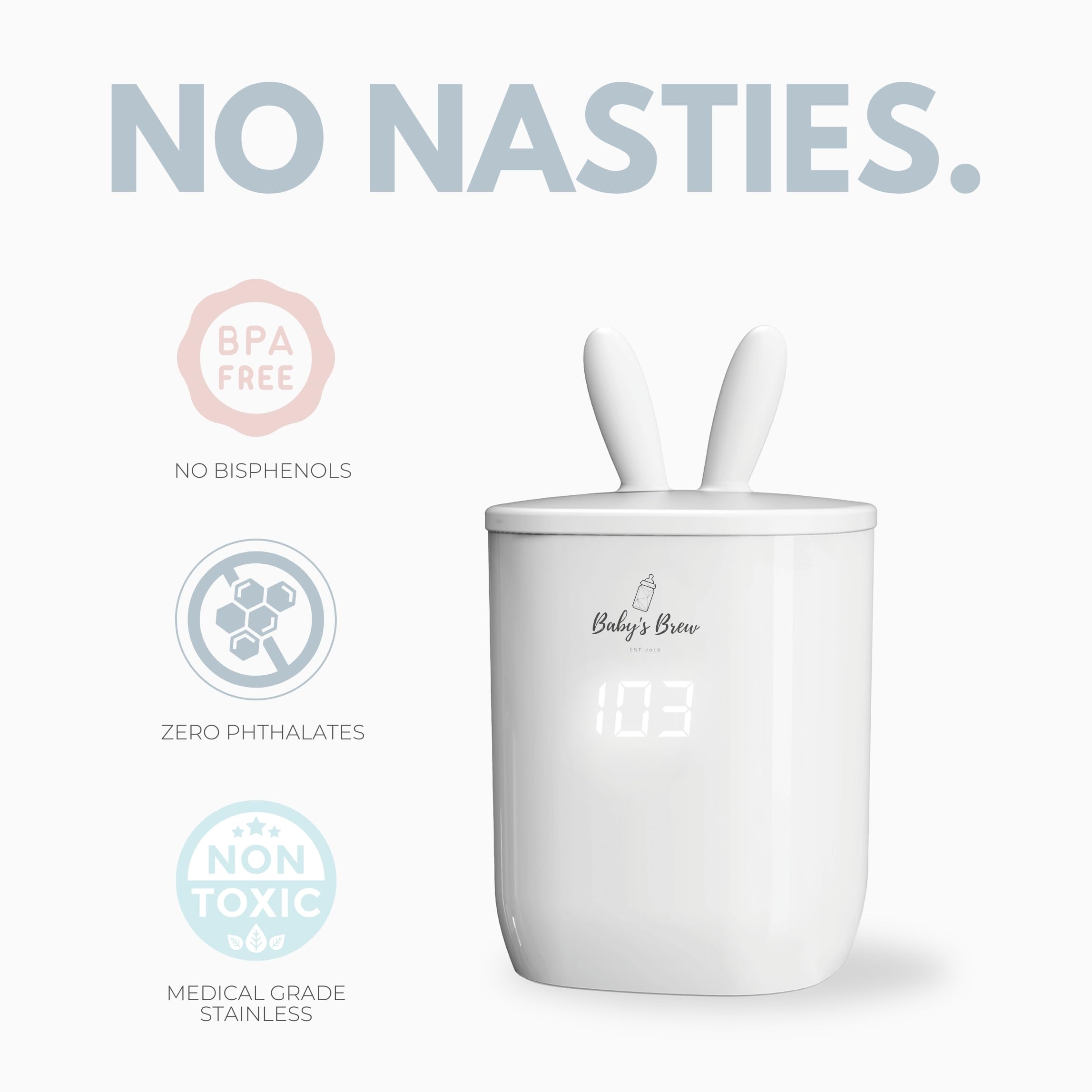 Baby's Brew stainless-steel, leak-proof design ready to wipe clean during busy days