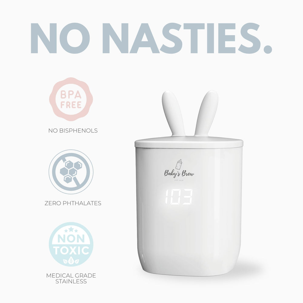 Baby's Brew stainless-steel, leak-proof design ready to wipe clean during busy days