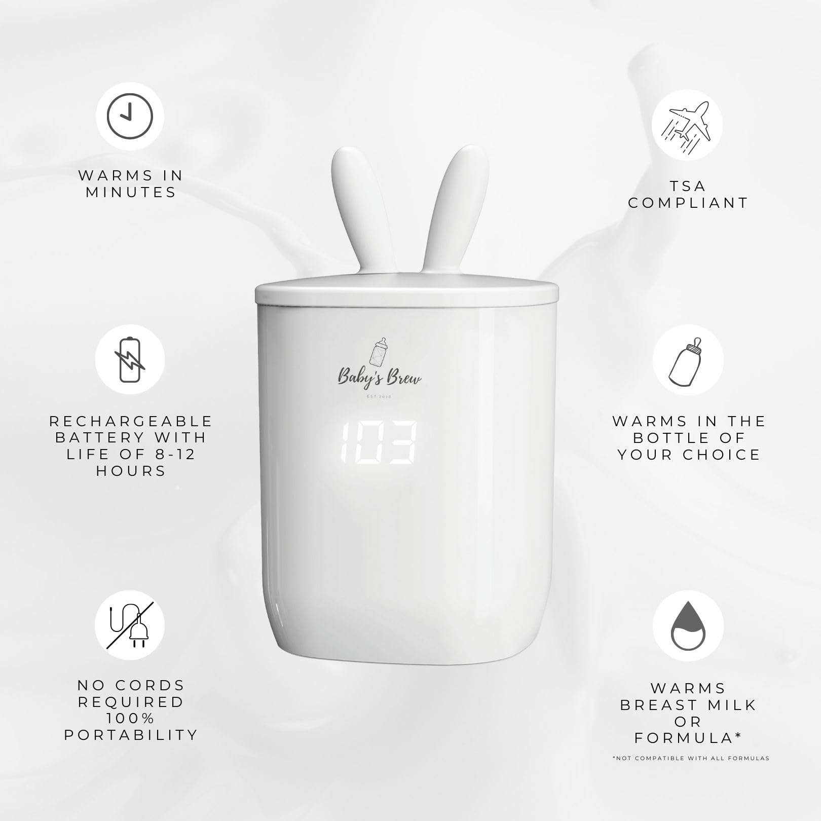 Baby’s Brew Superfast Warmer with adapters for multiple bottle brands.