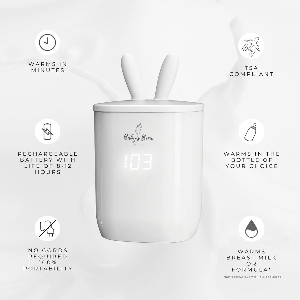 Baby’s Brew Superfast Warmer with adapters for multiple bottle brands.