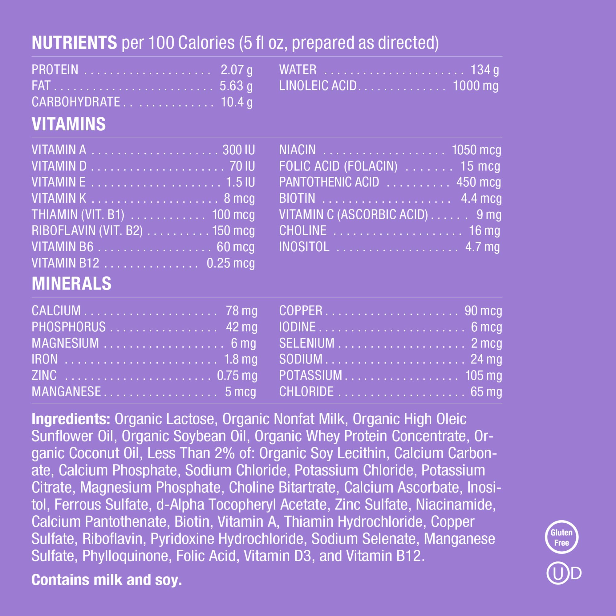 Label on Baby's Only A2 Organic Milk Infant Formula highlighting organic ingredients.
