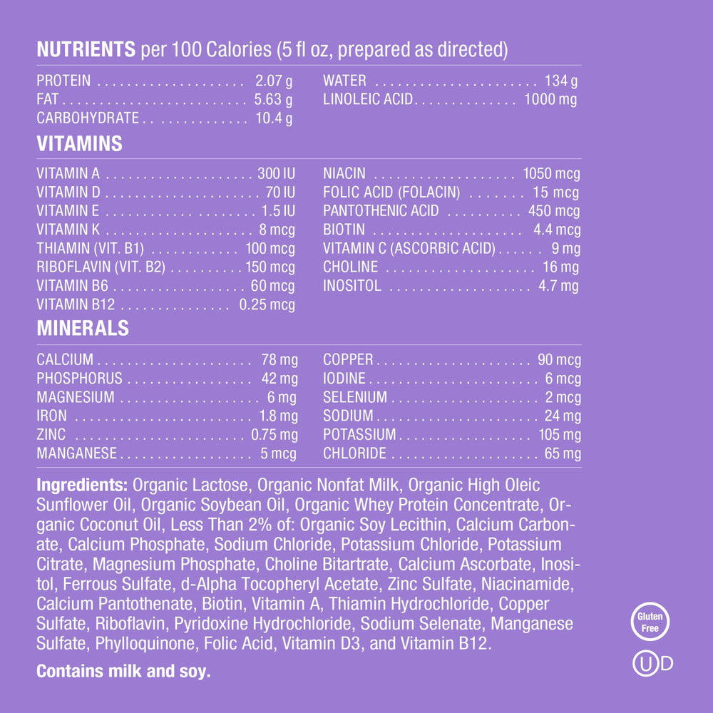 Label on Baby's Only A2 Organic Milk Infant Formula highlighting organic ingredients.