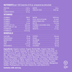 Label on Baby's Only A2 Organic Milk Infant Formula highlighting organic ingredients.