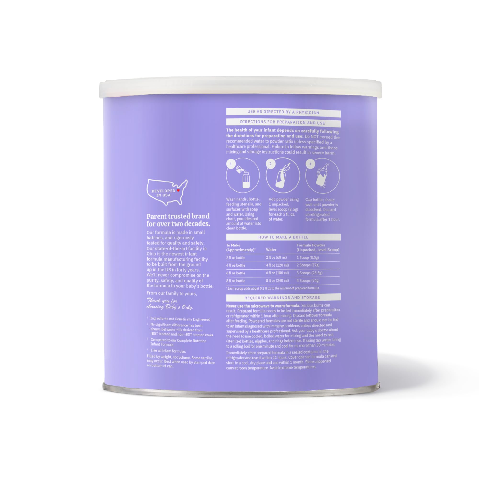 Prepared bottle of Baby's Only A2 Organic Milk Infant Formula ready for feeding on the go.