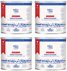 Baby's Only Complete Nutrition front can view highlights bulk 4-pack savings for new parents.