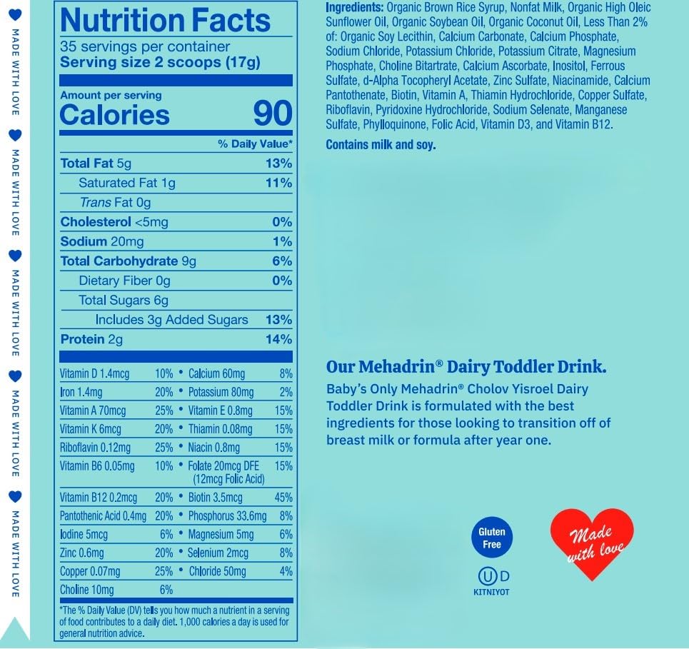 Iron and vitamin D graphic for Baby's Only Dairy Toddler Drink supports growth.