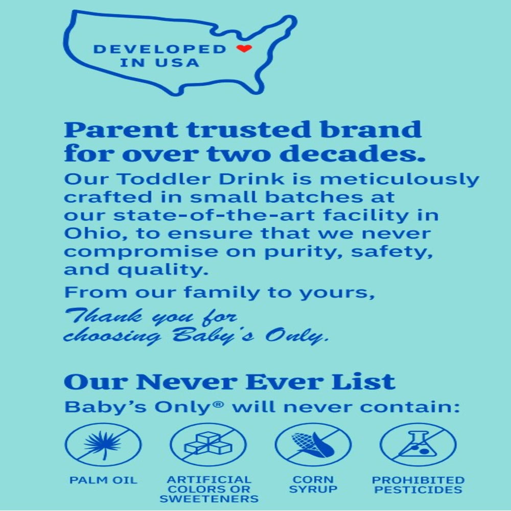 No additives image shows Baby's Only Dairy Toddler Drink without artificial colors.