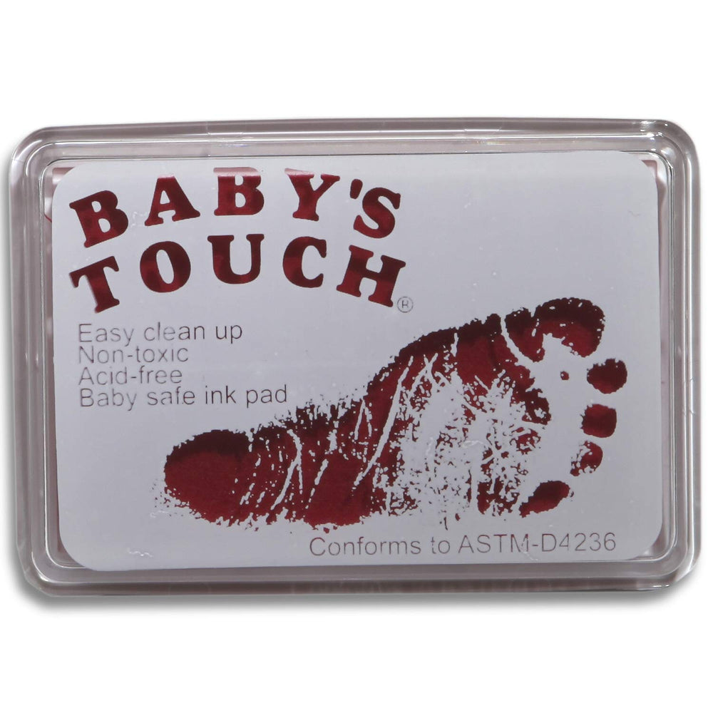 Baby's Touch pink handprint ink pad demonstrates safe, reusable prints for keepsakes.