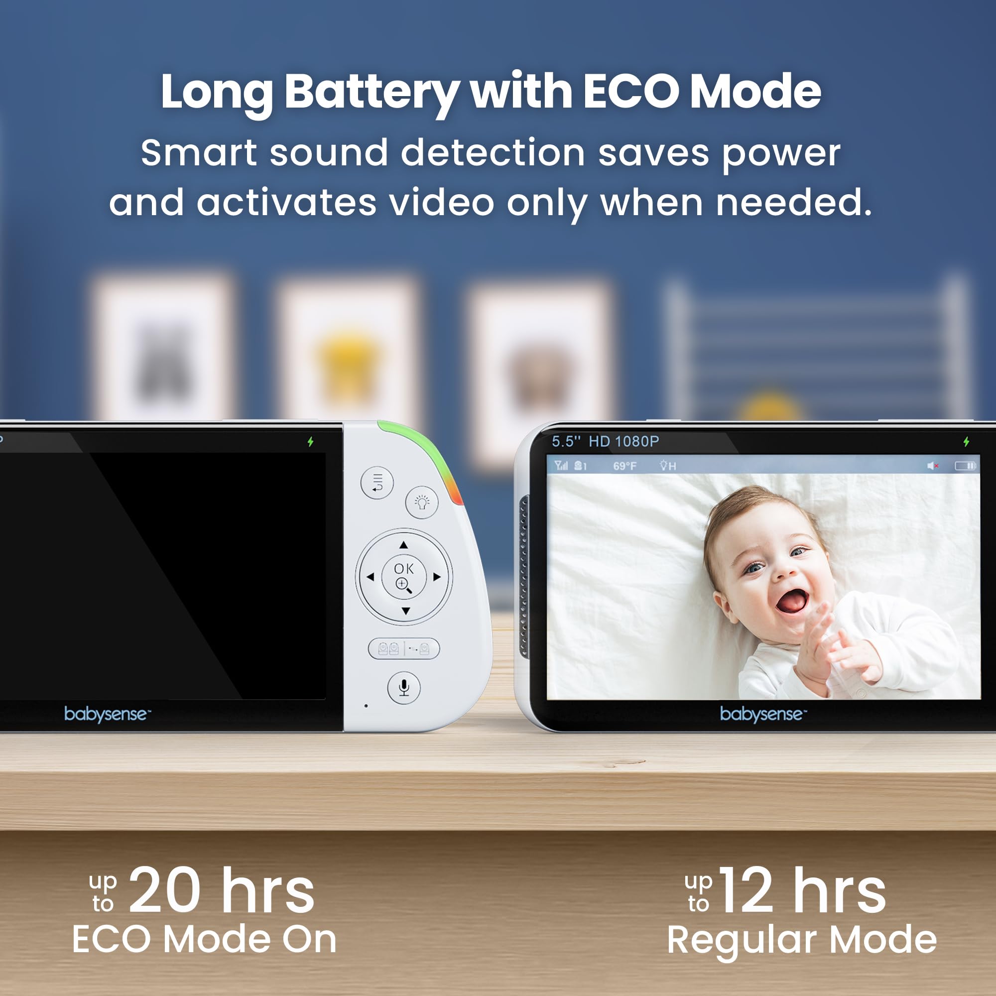 Babysense provides up to 20 hours of battery life in Eco Mode.
