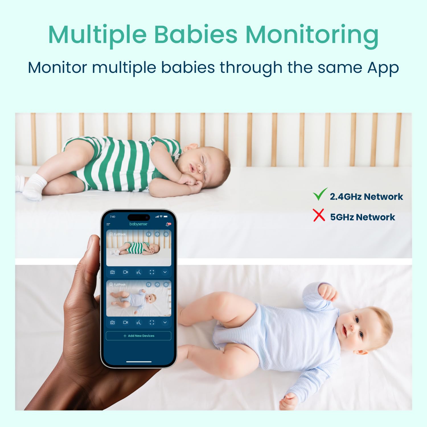 Babysense 2Peek auto-tracking follows baby movements for hands-free monitoring.