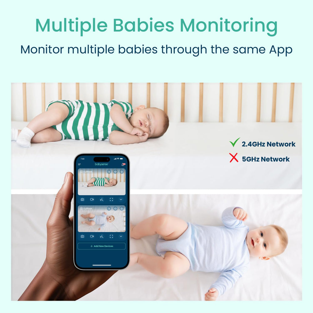 Babysense 2Peek auto-tracking follows baby movements for hands-free monitoring.