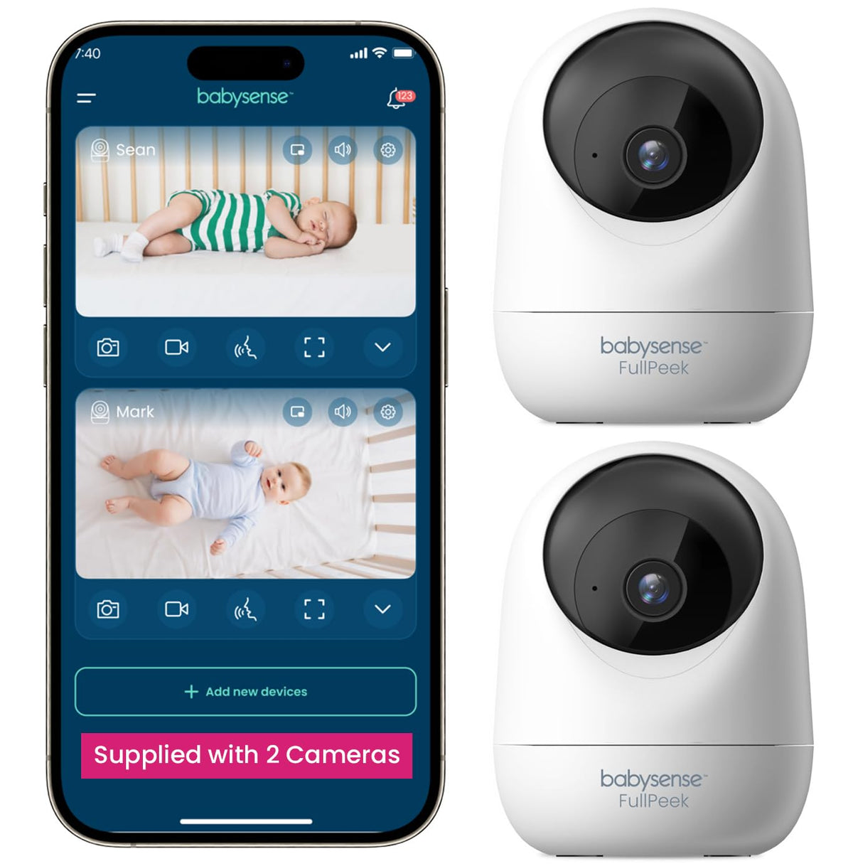 Babysense 2Peek camera front view delivers crisp 3MP video for clear monitoring.