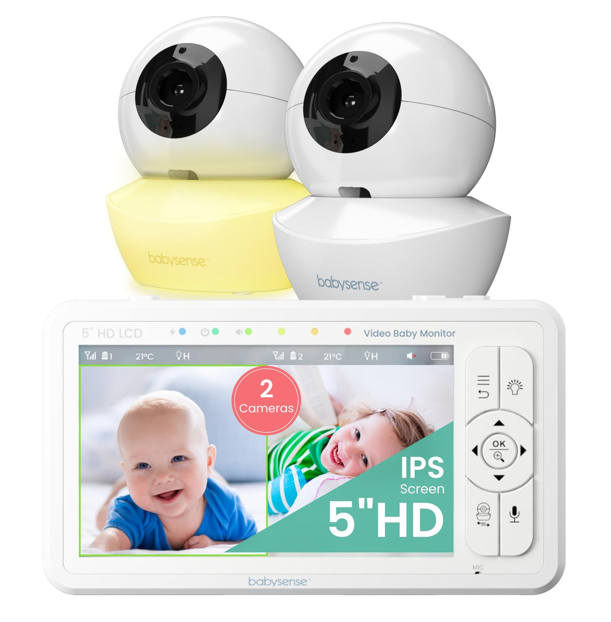 Babysense 5in HD split-screen display shows two cameras for simultaneous monitoring.
