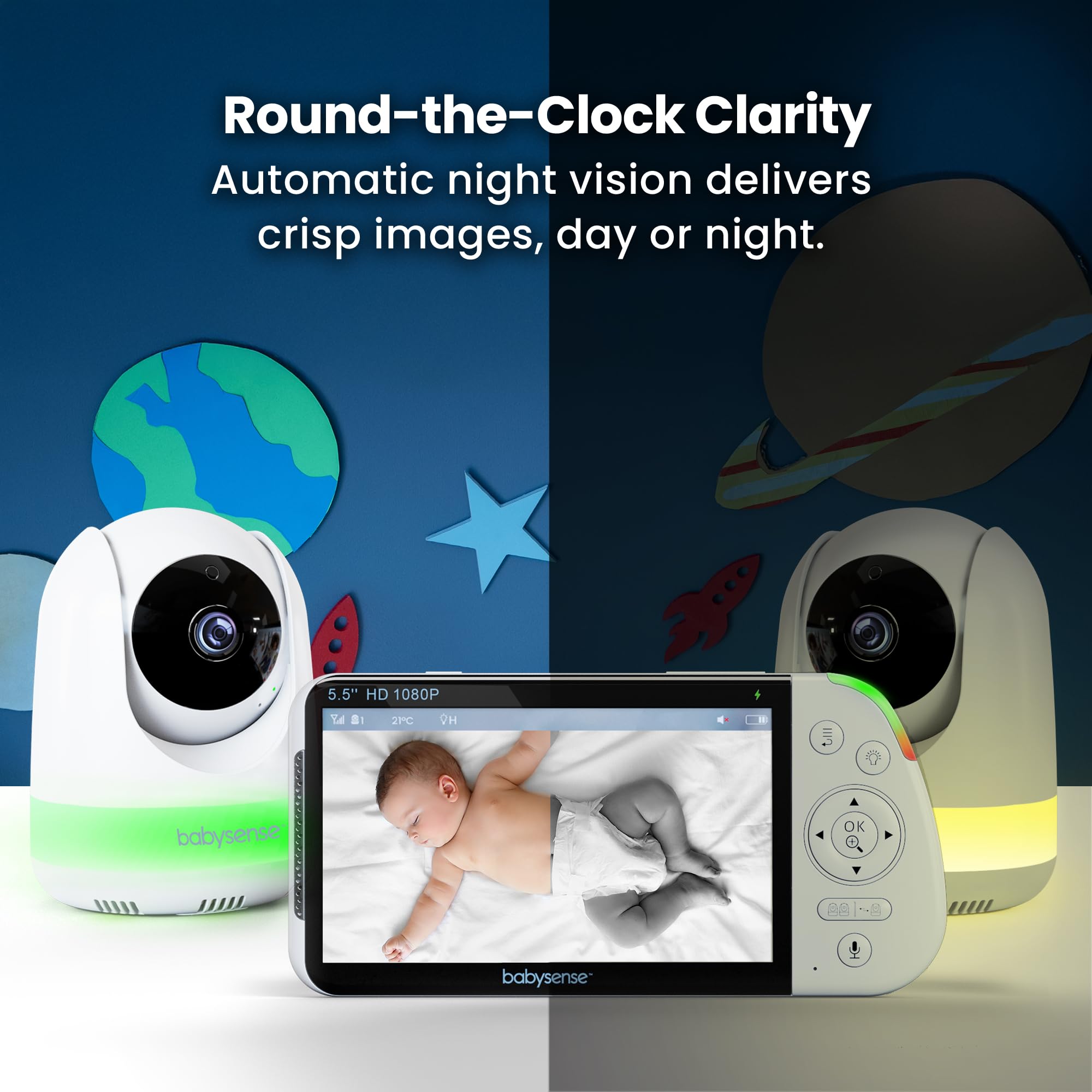 Babysense 6-color night light creates a soothing sleep ambiance.