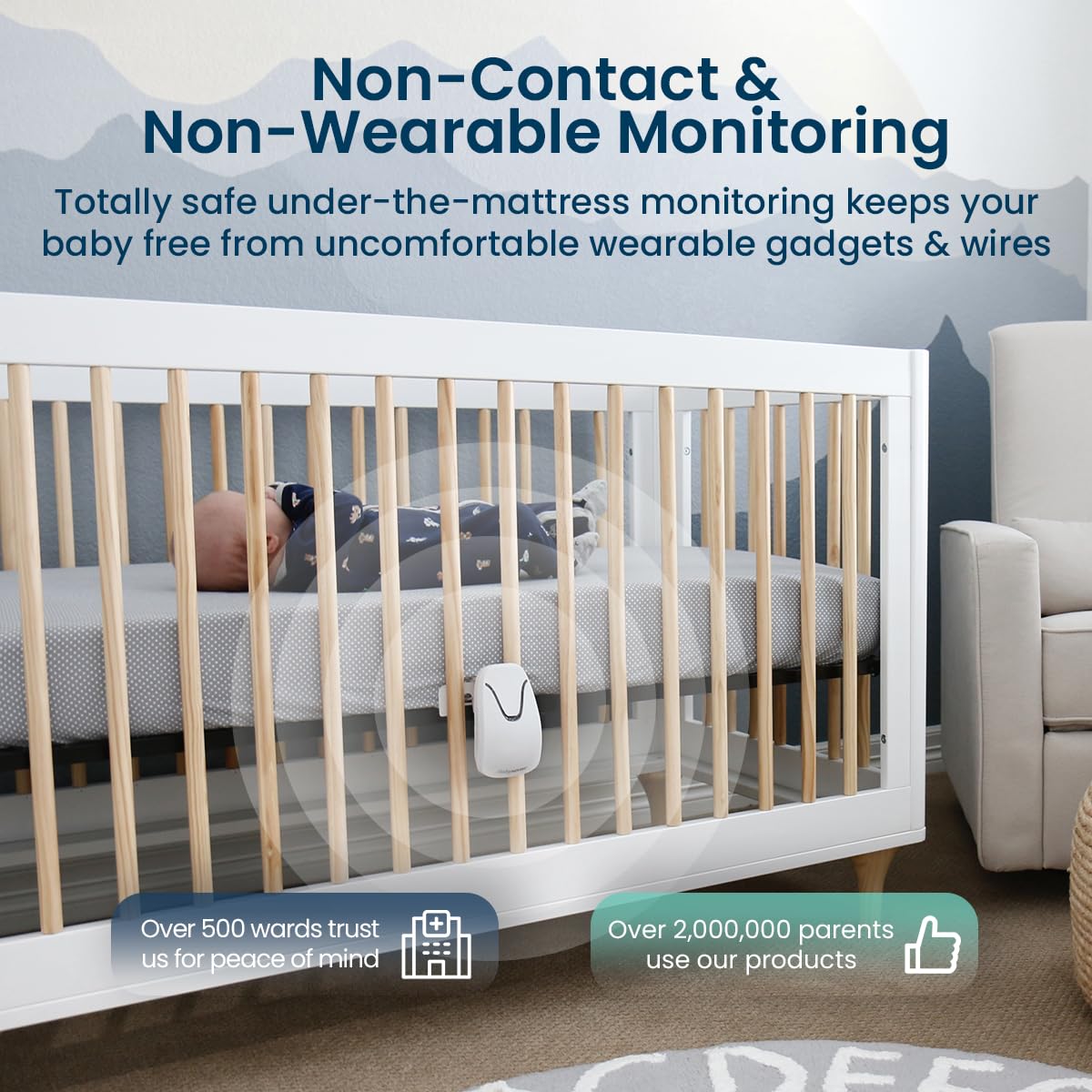 Babysense 7 two-sensor pads across the crib providing complete coverage.