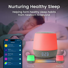Babysense Dreamer 2.0 app-control screen demonstrates scheduling and favorites for easy nights