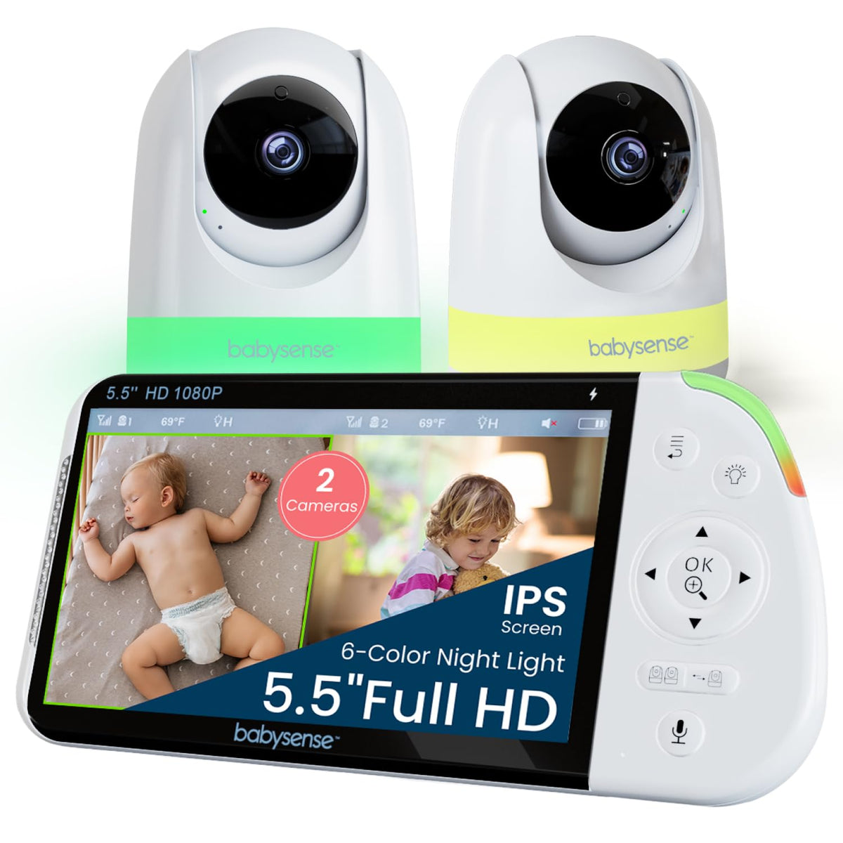 Babysense Full HD 5.5-inch split-screen display shows two rooms clearly.