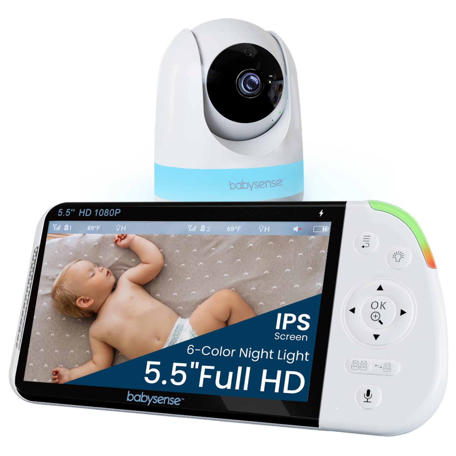 Babysense Full HD monitor display shows a clear baby view for quick checks.