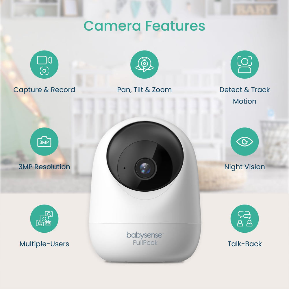 Babysense FullPeek auto-tracking keeps the baby in frame for hands-free monitoring.