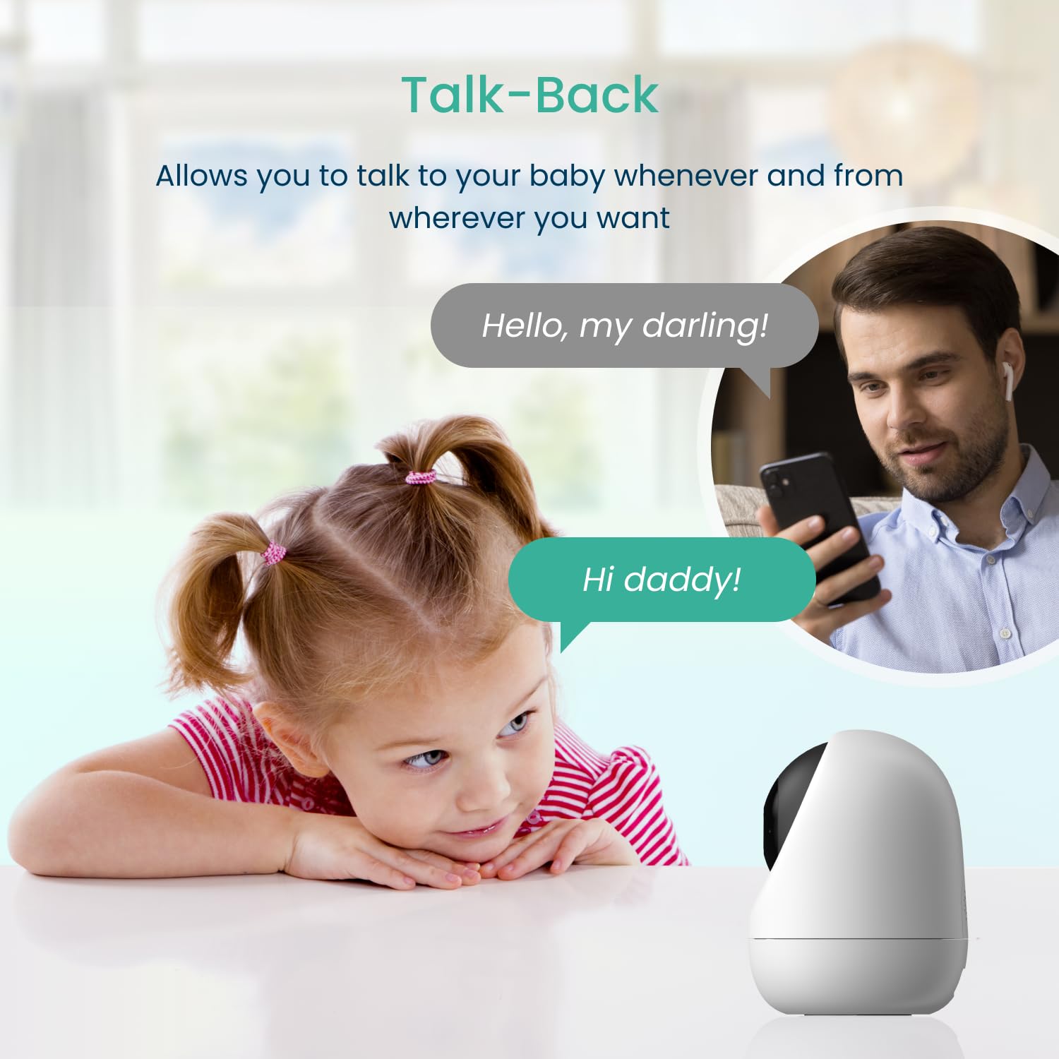 Babysense FullPeek privacy mode hides the lens for discreet monitoring.