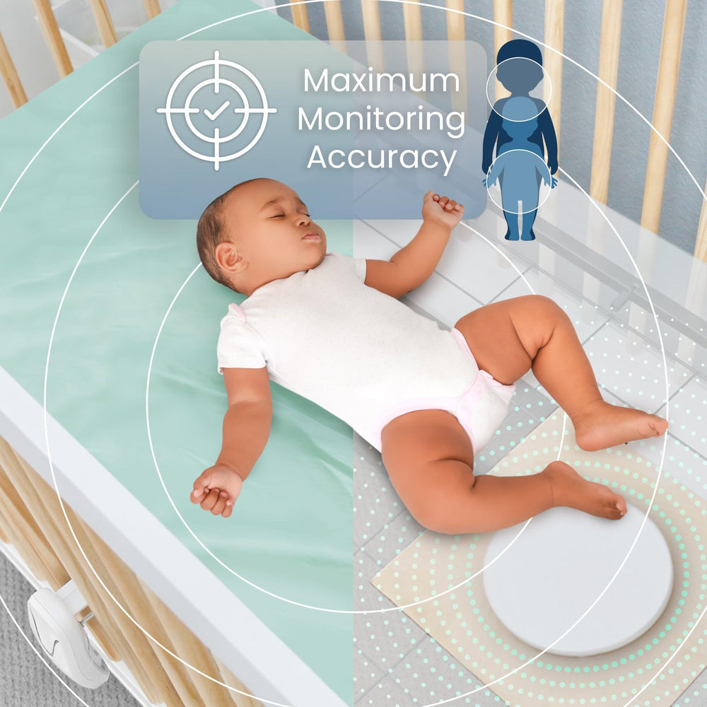 Babysense under-mattress sensor pad left monitors crib micro-movements discreetly